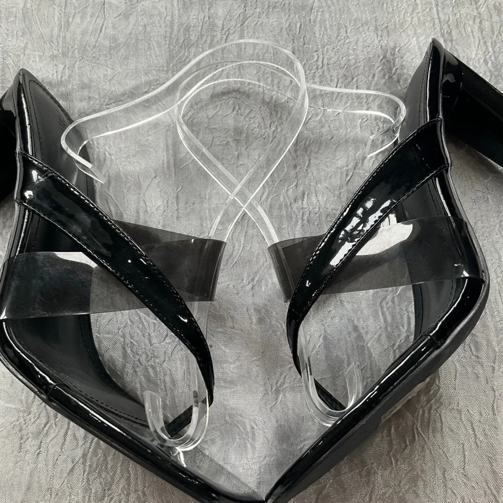 Forever 21 Black Patent Clear Strap Square Toe Thong Heel Mule Sandals Sz 10 Y2K